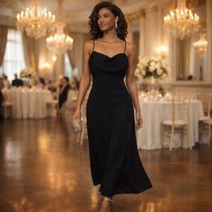 Betsy & Adam Black Cowl Neck Maxi Gown — Elegant Minimalist Evening Dress Sz 10